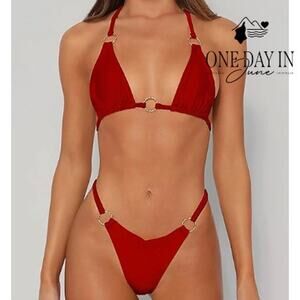 Miketai Triangle Thong Bikini Swimsuit Red Gold O-Ring NWT Size S